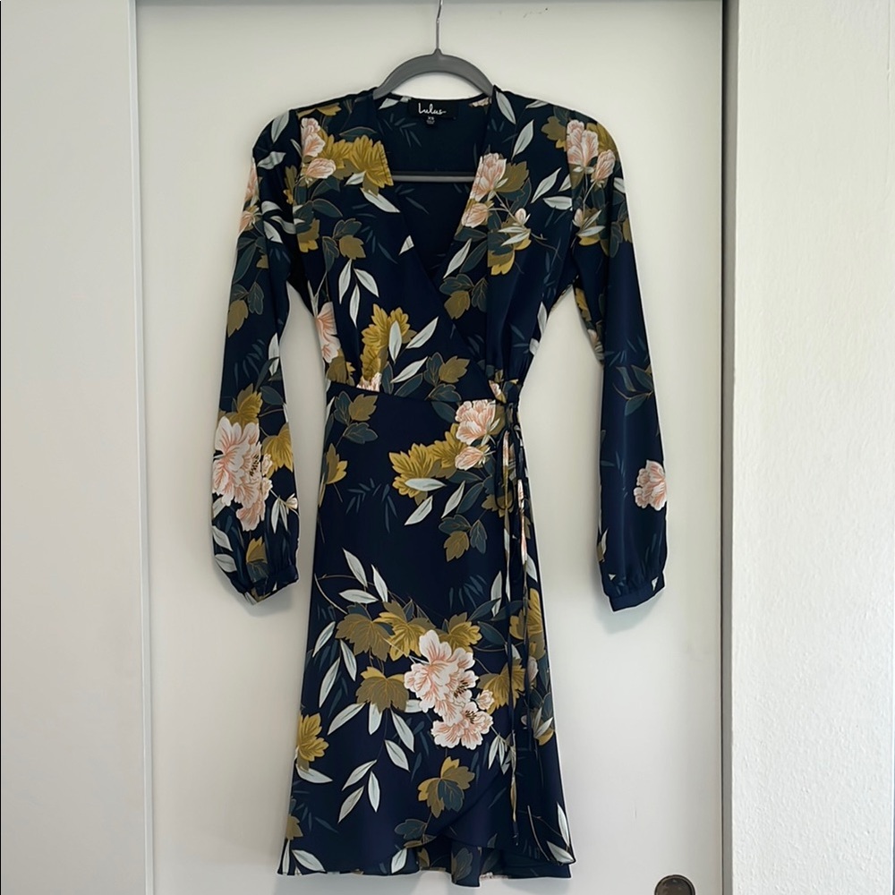Lulu's Blue and Cream Wrap Sundress with Bishop Sleeves